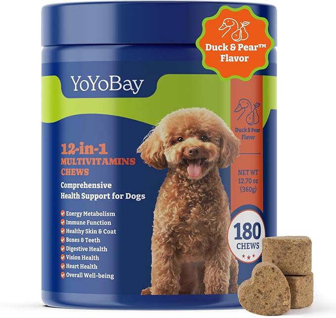 Dog Multivitamin Chewable Supplement - Dog Vitamins and Supplements - 180 Soft Chews, Duck & Pear Flavor - Joint, Skin & Coat Care - Vitamins A, B, C, D, E