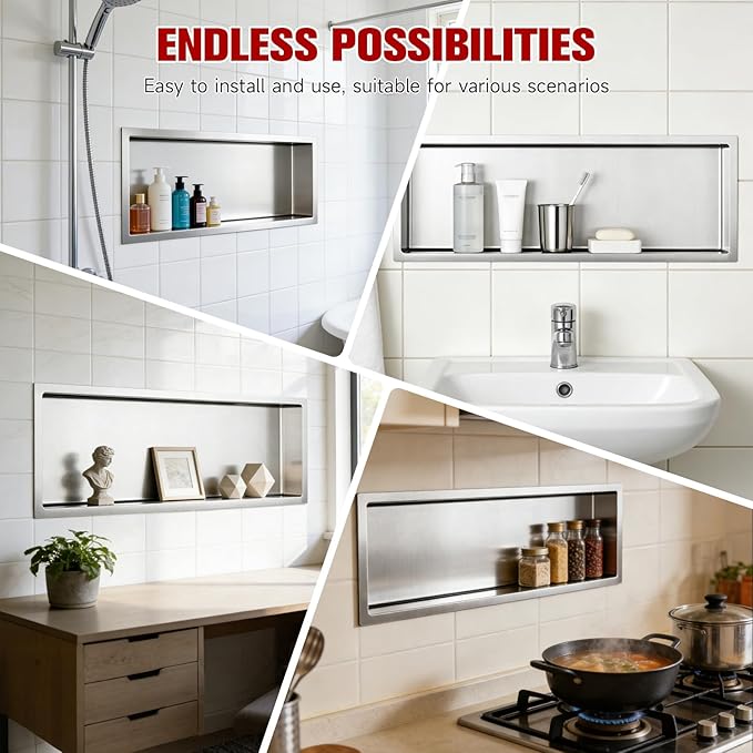 No Tile Needed Shower Niche 12"X 36", Bathroom Wall Niche Single Shelf, Stainless Steel Shower Niche for Bathroom, Kitchens, Balconies