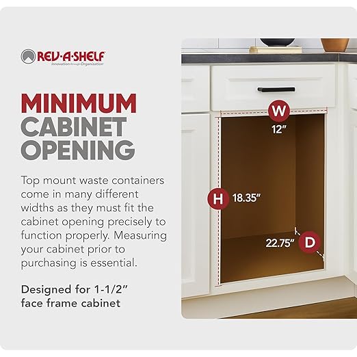 Rev-A-Shelf Top Mount Single Pullout Under Cabinet 35 Quart Kitchen Trash Cans w/ Soft-Close, 150 Pound Rated Full-Extension Slides, 4WCTM-12BBSCDM1