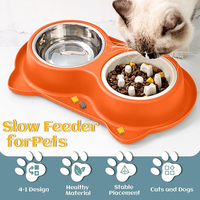 Slow Feeder Dog & Cat Bowls - 3-in-1 Slow Feeding & Water Bowl | Non-Slip Mat & Stainless Steel Bowls | Final Loss Leader Sale | Limited Stock While Supplies Last.(Orange).