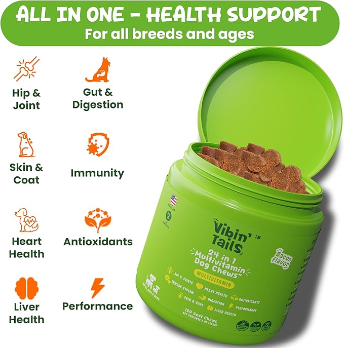 Vibin’ Tails 24-in-1 Dog Multivitamin, Glucosamine Chondroitin Hip & Joint Support, Probiotics & Omega-3, Skin & Coat - Puppy & Senior Chewable Dog Vitamins & Supplements Vet Formulated - 120ct Bacon