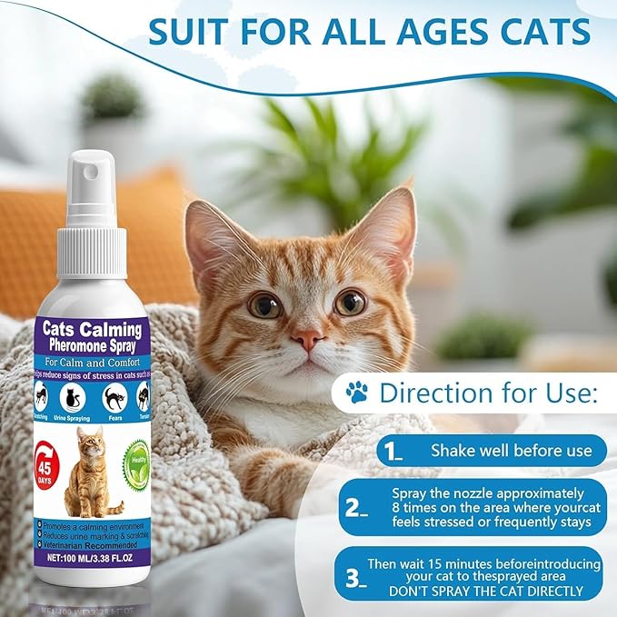 Cat Calming Spray, 15% F3 Cat Pheromone Spray to Help Calm During Travel and Stress and Reduce Urine Spraying, Scratching, Excessive Grooming & Aggression