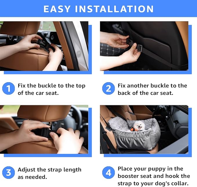 Small Dog Car Seat - Washable Pet Booster Seat with Clip-On Safety Leash, Comfy Plush Carseat with Pockets, Puppy Travel Carrier Bed for Dogs Under 25 lbs, Light Grey
