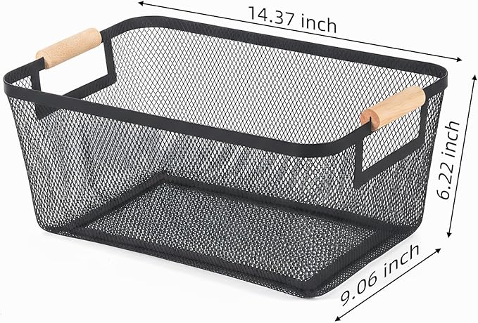 2-Pack Metal Mesh Basket, Large Wire Storage Organizer with Wood Handle for Kitchen Pantry, Bathroom, Cabinet, Closet, Picnic & Home Organization, Large, Black