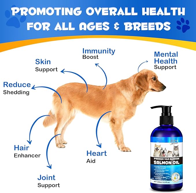 Alaskan Salmon Oil for Dogs & Cats (8.8 oz) - Pure Omega 3 Fish Oil with Omega 6 Fatty Acids, EPA & DHA - Anti-inflammation for Dogs Skin and Coat - Natural Pet Joint, Immune, Brian & Heart Supplement