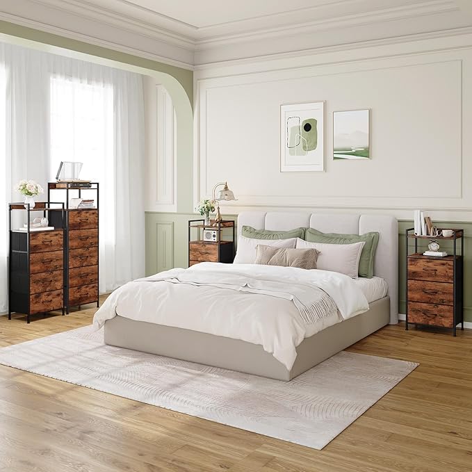 Somdot Nightstand with 3 Drawers, Dresser with Fabric Bins for Bedroom, Hallway, Entryway, Nightstand Bedside Table Furniture, Sturdy Steel Frame, Wooden Top, Easy Pull Fabric Bins, Wood Grain Print