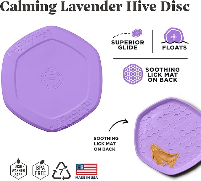 PROJECT HIVE ·PET COMPANY· - Calming Lavender Scented - Hive Frisbee Disc for Dogs - Great for Fetch - Includes a Lick mat on Back - Floats in Water, Smooth Glide - Made in The USA