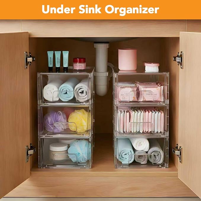 4 Pack Stackable Storage Drawers,Plastic Organizers Bins, Drawers Storage with Handles and Movable Dividers for Organization and Storage in Fridge,Bathroom, Pantry, Kitchen Cabinets, Under Sink