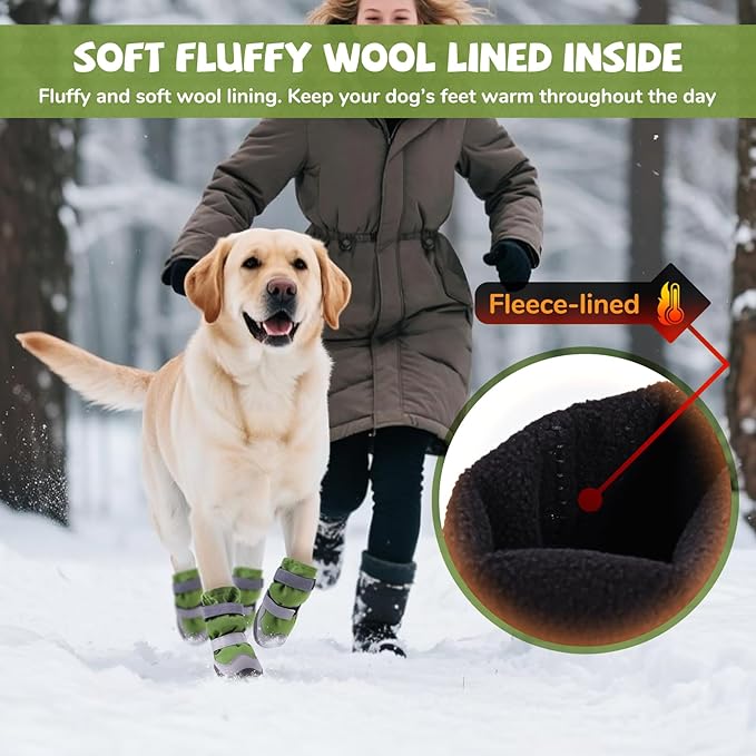 Winter Dog Snow Boots with Fleece Lining, Dog Shoes for Medium Large Size Dogs, Waterproof Dog Booties and Paw Protectors, Anti-Slip & Reflective Dog Shoes for Snow Outdoor, Hiking (Green-Size 6)
