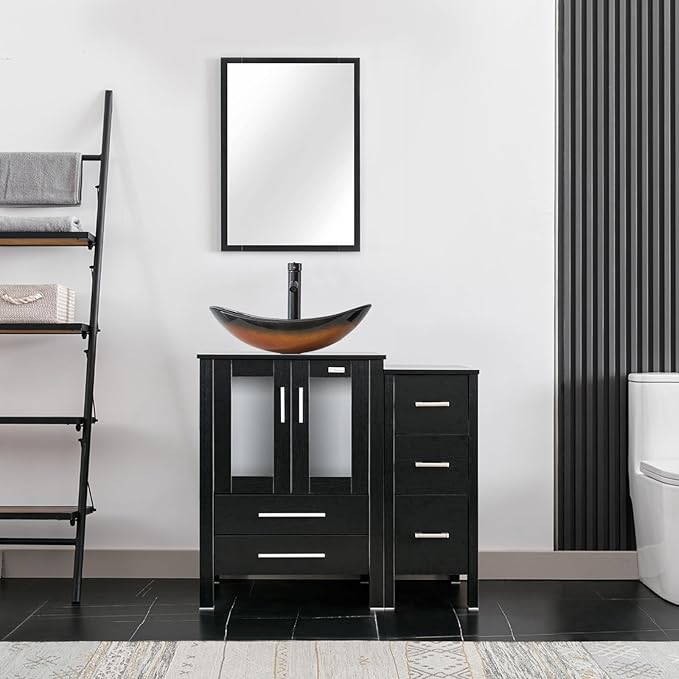 eclife 36" Modern Bathroom Vanity Sink Combo Freestanding Cabinet with Small Side Cabinet, Brown Boat Glass Vessel Sink, Water Save Faucet, Drain (Black+A29BR)
