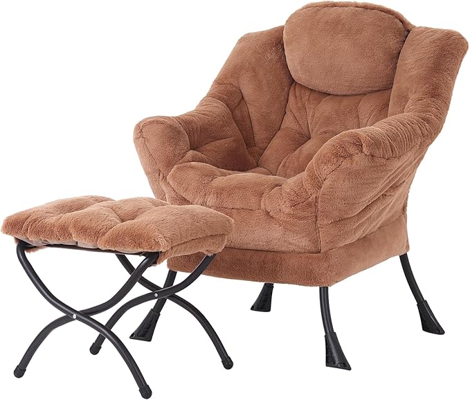 Welnow Lazy Chair with Ottoman, Modern Lounge Accent Chair with Armrests and a Side Pocket, Leisure Sofa Armchair, Reading Armchair with Footrest for Small Space, Plush Brown