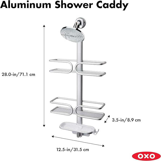 OXO Good Grips Aluminum Shower Caddy and Silicone Tub Drain Protector