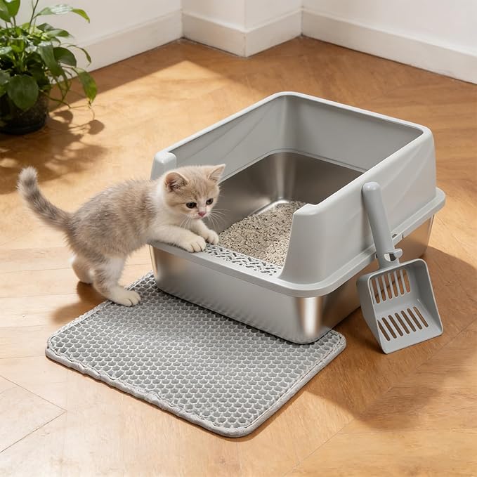 Stainless Steel Litter Box with Lid,Metal Kitty Litter Box,Kitten Litterbox for Small Cats,Non-Stick,Odor-Free,Easy to Clean,Include Litter Mat &Scoop,17.5x13.6x8in