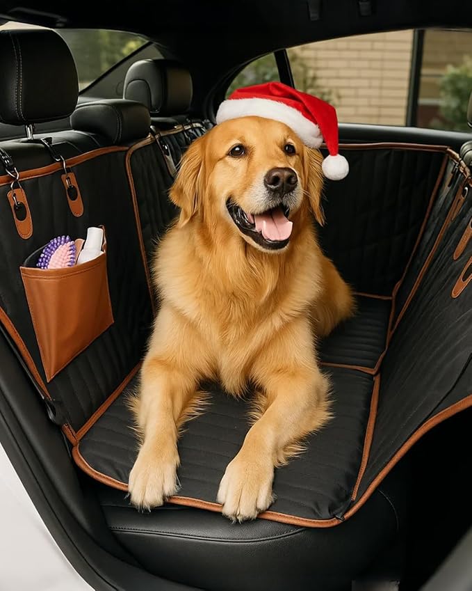 Owleys Hard Bottom Pet Seat Cover for Back Seat – Heavy Duty Waterproof Dog Hammock Bed –Travel Protector for SUVs, Sedans & Trucks – Foldable Design - 2 Pockets – Mesh Ventilation Windows
