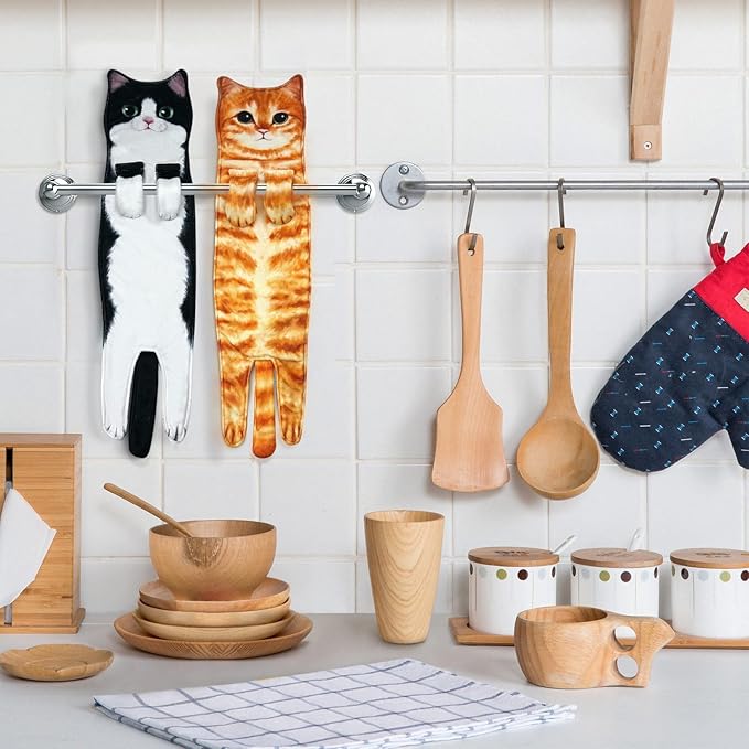 PAT JUUMG Funny Cat Hand Towels for Bathroom Kitchen Decor, Cute Decorative Hanging Face Towels, Super Absorbent Soft, Housewarming Gift, Cat Lovers Gifts for Women (2 Pcs-Towel-JT-01)