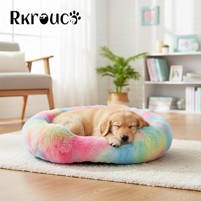 Fluffy Dog Bed Calming Donut Beds for Large Dogs Warming Round Small Medium Pet Nest Cozy Cat Mattress Indoor Washable Puppy Kennel Kittens Sleep Mat (S, 23.6×23.6 inch, Rainbow)