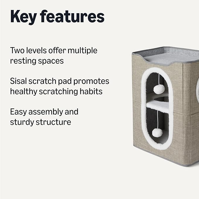 Amazon Basics 2-Story Cat Condo - Foldable Indoor Cat House with Dual Cubes (Grey)