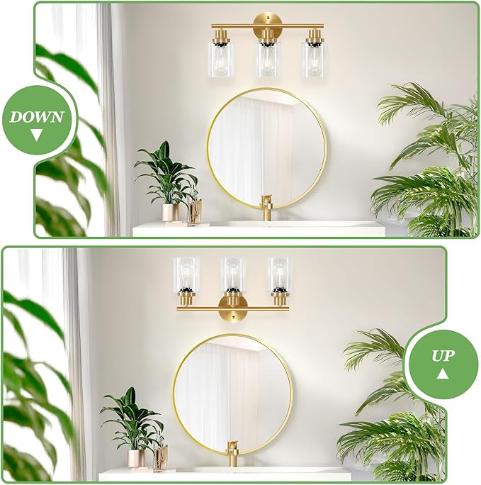 3-Light Brushed Gold Vanity Lights, E26 Modern Bathroom Light Fixtures with Clear Glass Shade, Wall Lamps for Mirror Kitchen Hallway Cabinet Living Room Sconces Lights