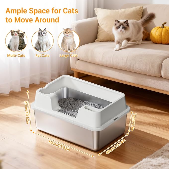 Enclosed Stainless Steel Cat Litter Box with Lid Extra Large Litter Box for Big Cats XL Metal Litter Pan Tray with High Wall Sides Enclosure, Non-Sticky, Anti-Leakage, Easy Cleaning