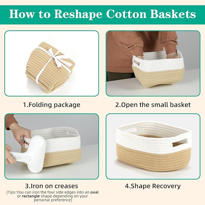 Bidtakay Small Cotton Rope Storage Baskets for Organizing 3 Pack Woven Baskets for Storage Closet Organizer Bins for Shleves 11.8×7.8×5 inch Cute Boho Decorative Basket with Handles - White&Beige