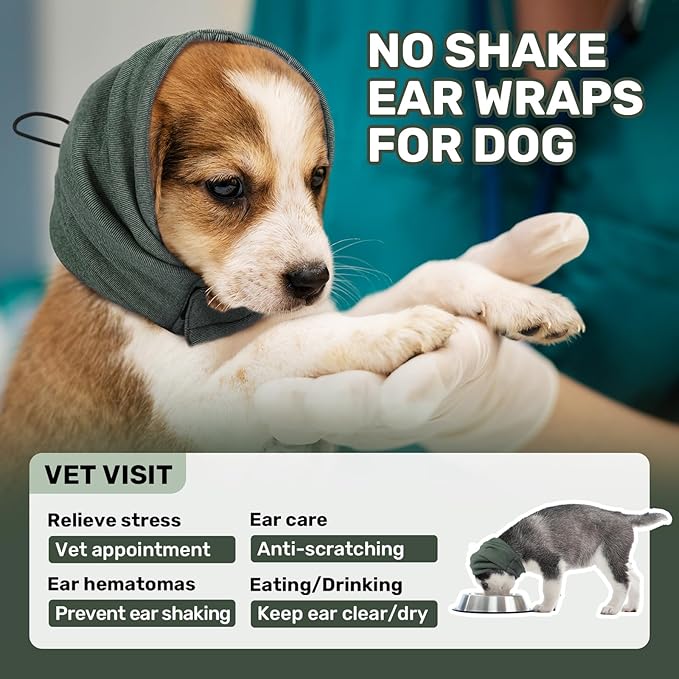 Dog Calming Hoodie, No Shake Ear Wraps for Dogs, Adjustable Dog Ear Muffs for Noise Protection, Ear Wrap Head Cover for Anxiety Relief & Hematoma (Olive Green, L(Head Circle:17.7"-23.6"))