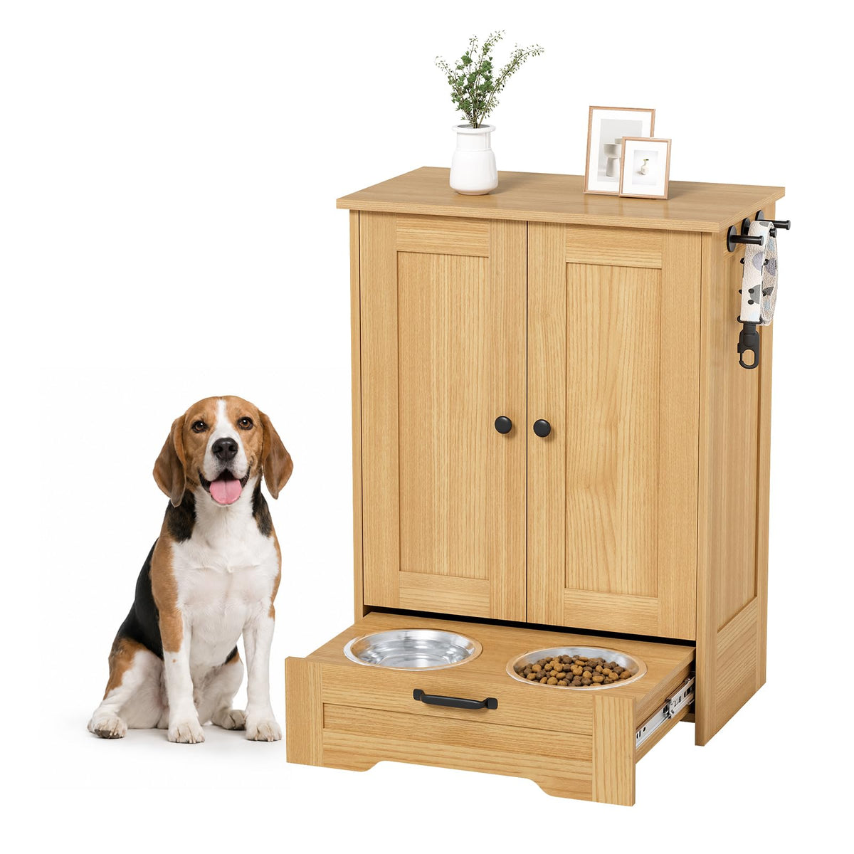 Dog Cabinet, Dog Feeding Station with Hidden Pull-Out Feeder, Oak - Image 1
