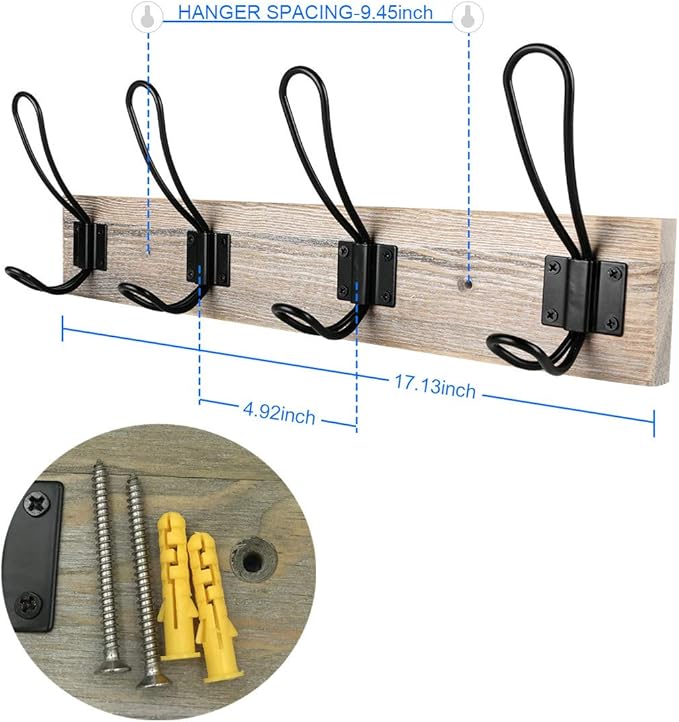 Wall Mounted Coat Rack, Wooden Entryway Vintage Rustic Coat Rack Hat Hanger Rack Zinc die-cast 4-Hook Rail for The Entryway, Bathroom, Bedroom, Kitchen, Mudroom (Pinewood, Metal 4-Hook)