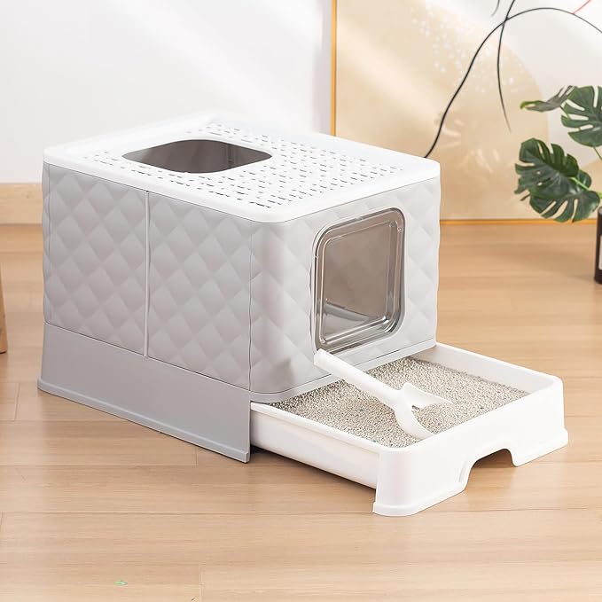 Gagee Foldable Cat Litter Box, Extra Large Front Entry Top Exit Box with Lid, Drawer Type Enclosed Kitty Scoop, Anti-Splashing Toilet Easy Cleaning,Grey