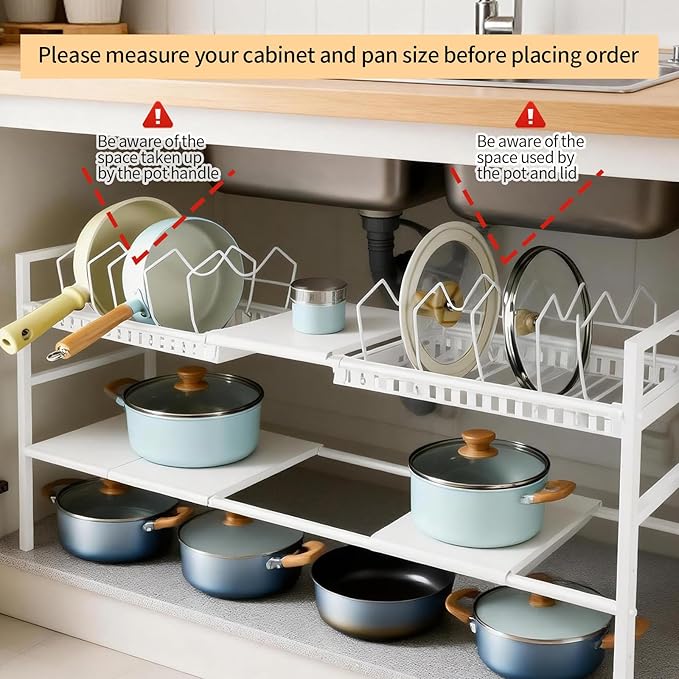 Pots and Pans Organizer Under Cabinet, Expandable Length, Adjustable Height Under Sink Shelf 2 Tier with 10 Dividers Under Sink Organizer, Pot and Pan Lid Holder Rack (White)