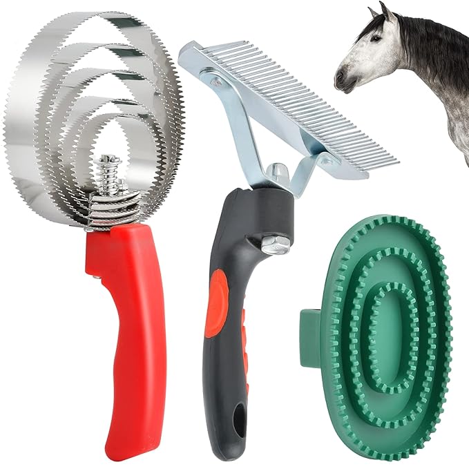 3 Pcs Reversible Stainless Steel Curry Comb 5 Rings, Aemygo Double Sided Horse Grooming Brush, Scotch Type Metal Dog Brush Large Rubber Hair Remover Comb, Soft Touch Grip Scraper for Cow Sheep Dog