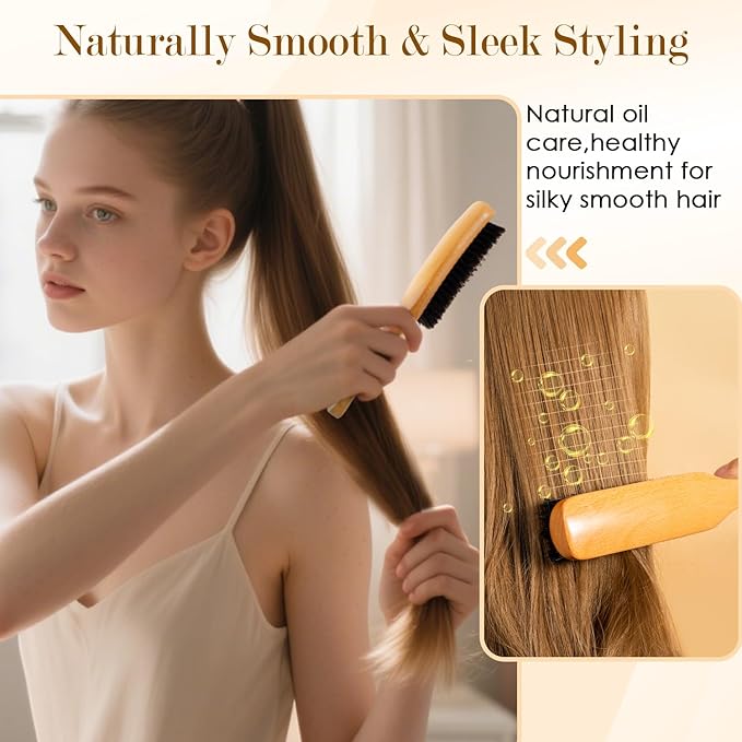 5PCS Slick Back Hair Brush Set, Soft Natural Boar Bristle Hair Brush for Thin & Fine Hair, Rat Tail Comb Edge Teasing Brushes Styling Tool Kit Accessories for Women Kid