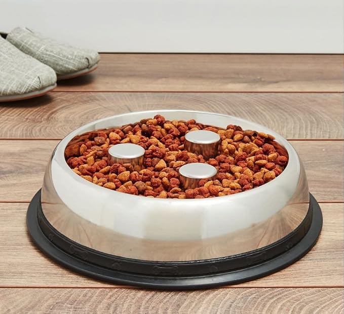 QT Dog - Brake-Fast Slow Feed Stainless Steel Bowl, Non-Slip - Ideal Puppies, Small & Medium Dogs, Suitable for Dry & Wet Food - 2 Cups (16 Oz)