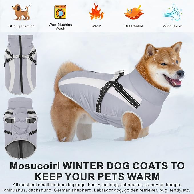Mosucoirl Warm Dog Coats Vest, Waterproof Dogs Jacket Reflective Fleece Pet Winter Cold Weather Coat Dogs Clothes Cozy Snow Jackets Outfits for Small Medium Large Dogs Puppy