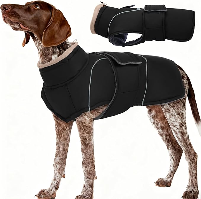 Black Dog Coat Soft Sweater for Cold Weather Waterproof Dogs Jacket with Fleece Lined Windproof Coats for Large Dogs Thick Dog Clothes Warm Pet Winter Puffer Coat with Leash Hole