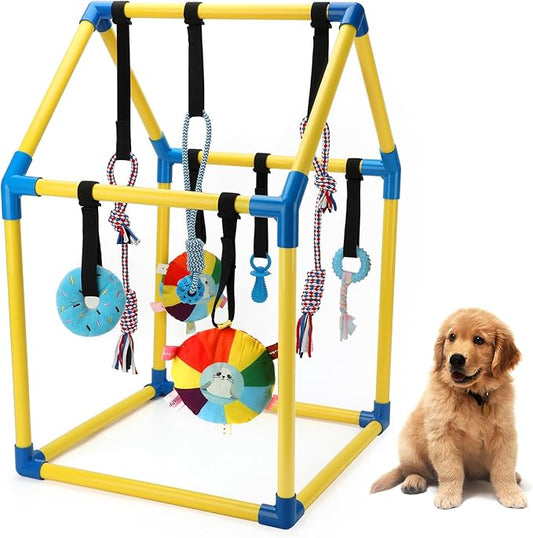 Puppy Play Gym with 8 Hanging Toys, Indoor Jungle Gym Toys for Small Dogs with PVC Frame, Interactive Puppy Toy with Bungee Straps for Entertainment Funny Teething and Mental