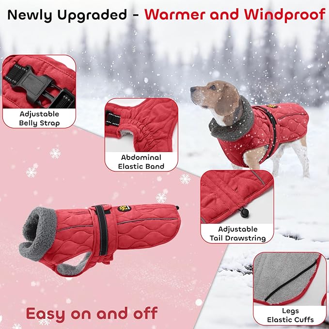 Dog Winter Jacket, Adjustable Water-Resistant Dog Warm Coat with Fleece Lining, Windproof Cold Weather Coats for Winter, Reflective Snow Jacket for Labrador Golden Retriever, NewRed XL