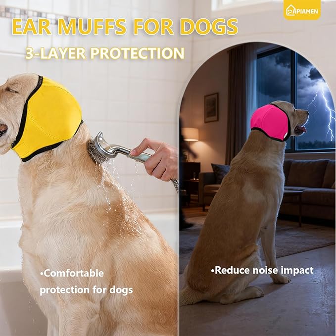 2Pcs Dog Ear Covers for Bath & Noise Protection,Adjustable Dog Ear Muffs Anxiety Relief Calming Hoodie Design,No Shake Ear Protection for Grooming,Swimming,Drying,Hematoma(Fuchsia&Yellow,M)