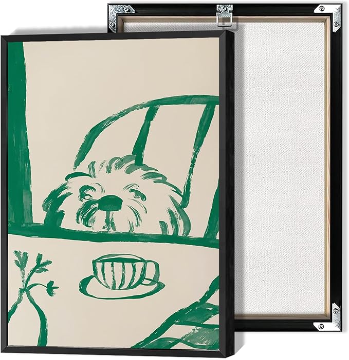 Funny Sneaky Dog Poster Abstract Coffee Breakfast Canvas Wall Art Modern Minimalist Animal Sketch Artwork Prints Painting For Living Room Kitchen Dining Room Wall Decor 8x12in Framed