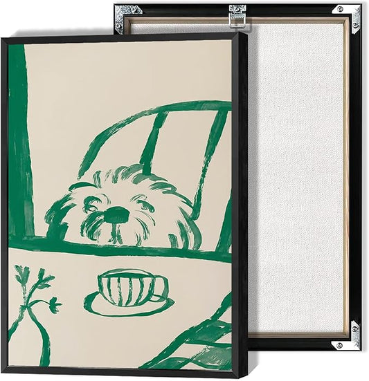 Funny Sneaky Dog Poster Abstract Coffee Breakfast Canvas Wall Art Modern Minimalist Animal Sketch Artwork Prints Painting For Living Room Kitchen Dining Room Wall Decor 24x36in Framed