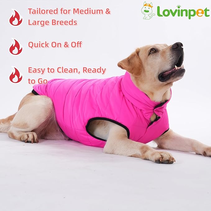 LovinPet Reversible Dog Puffer Coat for Medium & Large Dogs, Down‑Insulated Winter Jacket, Water‑Resistant & Wind‑Resistant, Anti‑Static, Dual-Sided Pink & Black for Cold Weather,2XL
