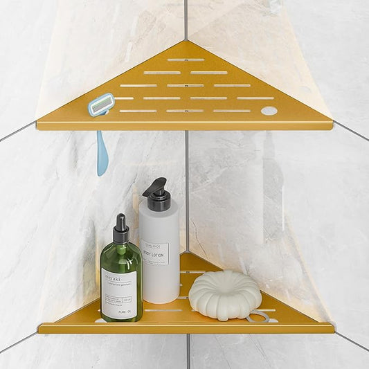Shower Corner Shelf with Razor Hole,Modern Style Shower Caddy, Sturdy 304 Stainless Steel Shower Organizer,No Drilling Bathroom Corner Shelf for Tile Wall Gold 2 Pack-10