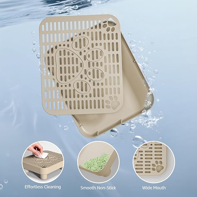 Cat Litter Box Step Ramp,Cat Litter Catcher Mat with ABS Material Base,Filter Function,Pedal Stool for Self-Cleaning Litter Box,Anti-Tracking & Non-Slip,Ideal for Kitten & Elderly Cats,Khaki