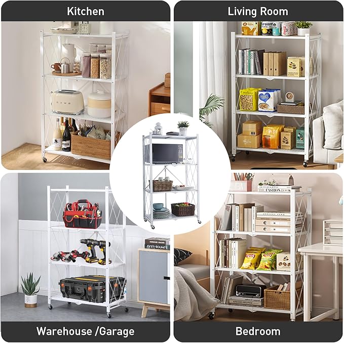 Folding Shelf Foldable Shelves with Wheels - Folding Shelves No Assembly , Collapsible Shelf Unit Display, Kitchen Organizers and Storage, Pop Up Heavy Duty Rack , 4-Tier White 28"D x 14"W x 49"H