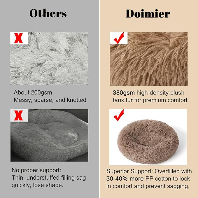 Calming Donut Dog Beds for Small Dogs Kitten - Washable Removable Cover Non-Slip Bottom, Round Pet Bed Puppy Bed Warming Fluffy Faux Fur Anti-Anxiety, Fits up to 15 lbs (Camel, 20")