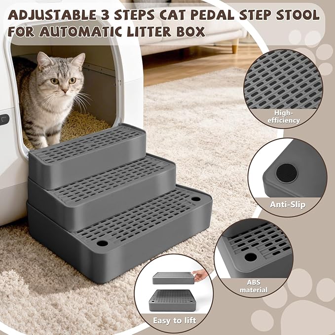Adjustable 3 Steps Cat Ramp for Litter Box, Detachable Cat Pedal Step Stool with Filter Function, Double Layered Cats Litter Trapper, Suitable for Small&Elderly Cats, Non-Slip(Dark Grey)