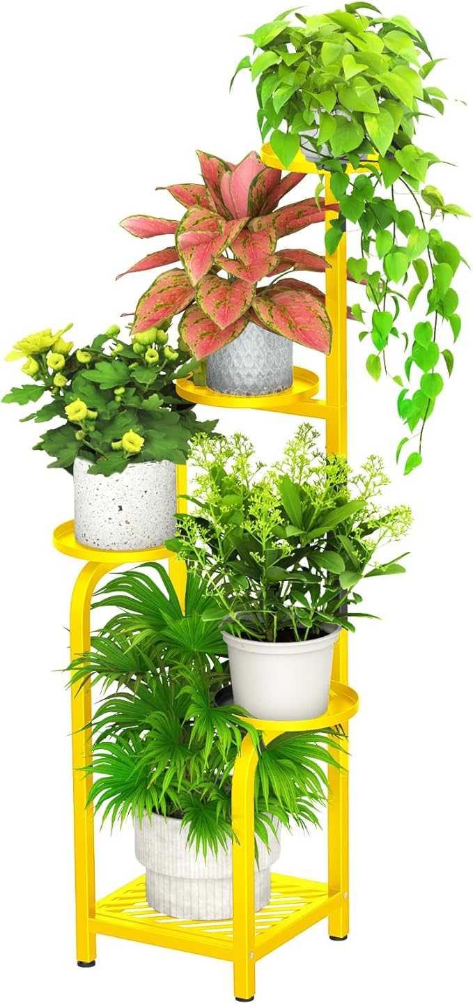 TOSKING 5 Tier Tall Plant Stand Indoor Outdoor, Heavy Duty Corner Shelf for Plants & Decor, Space Saving 3.9FT Metal Flower Pot Stand for Balcony, Garden, Living Room, Patio( Yellow, 5Tier SQ Base)