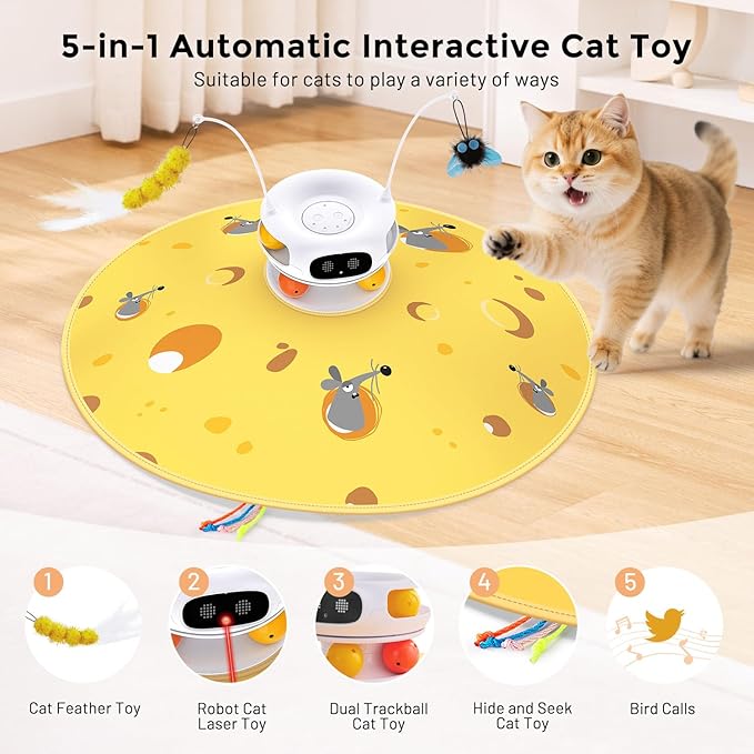 Interactive Cat Toys for Indoor Cats, 5 in 1 Hide and Seek Cat Toys with Motion Activated and Automatic Laser, Fluttering Feather & Dual Track Balls with Chirping for All Breeds, Rechargeable