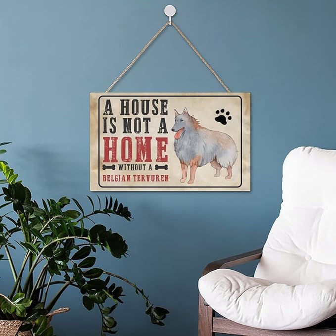 Mutilovely Funny Dog Signs A House Is Not A Home Without A Belgian Tervuren Pet Quote Dog Paw Print Wood Plaque Vintage Wall Decor for Home Bedroom Living Room Gift for Pet Lovers 10"x16"