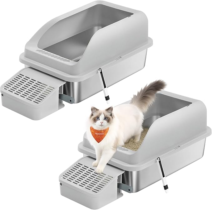 Feandrea 2 Pack Stainless Steel Cat Litter Boxes with Open Top, High Sided Litter Trays with Step, Scoop, Brush, for Cats up to 33 lb, Dove Gray UPPT012GD01