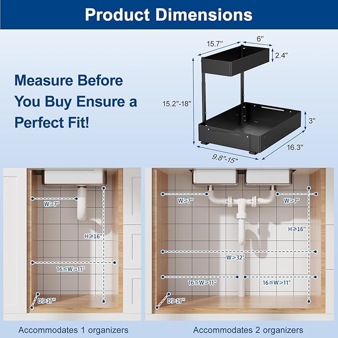 Insputer 2 Pack Under Sink Organizer with Pull Out Cabinet Organizer Expandable (12.4"-20.08") W & (16.26"-22.44") D